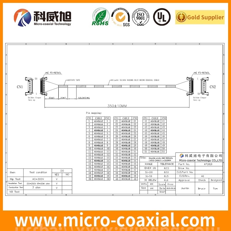 Custom DF81D-50P-0.4SD(52) micro coaxial LVDS cable I-PEX 20345-020T-32R LVDS eDP cable Factory